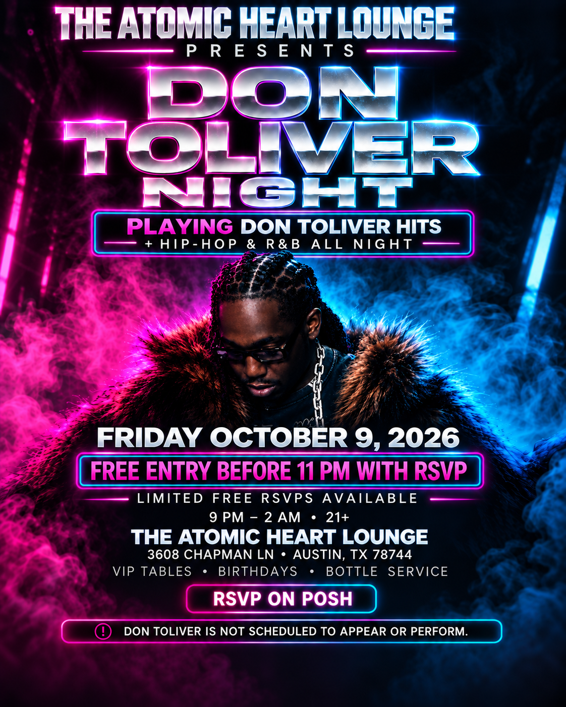 Don Toliver Night + Hip-Hop & R&B Hits flyer at The Atomic Heart Lounge Austin Texas